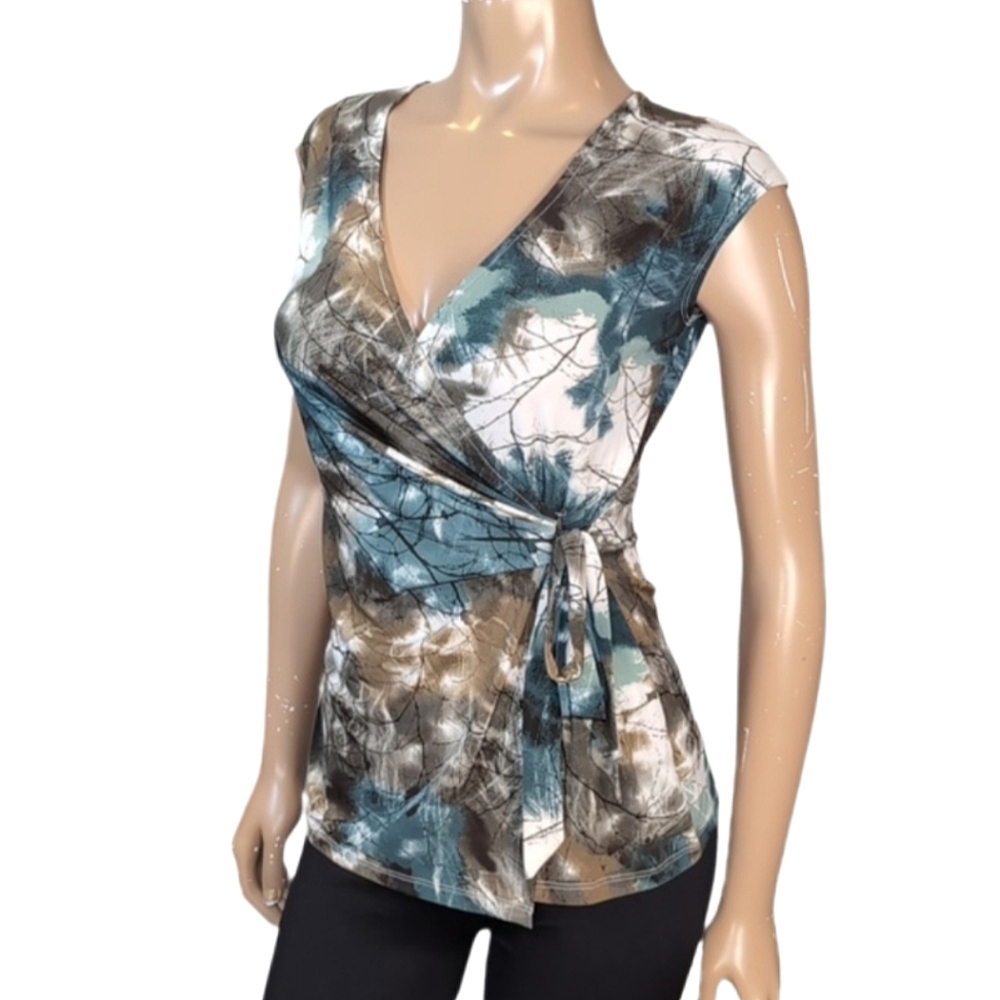 George Vneck Wrap Top Womens XS Side Tie Abstract Green Brown Cap Sleeve